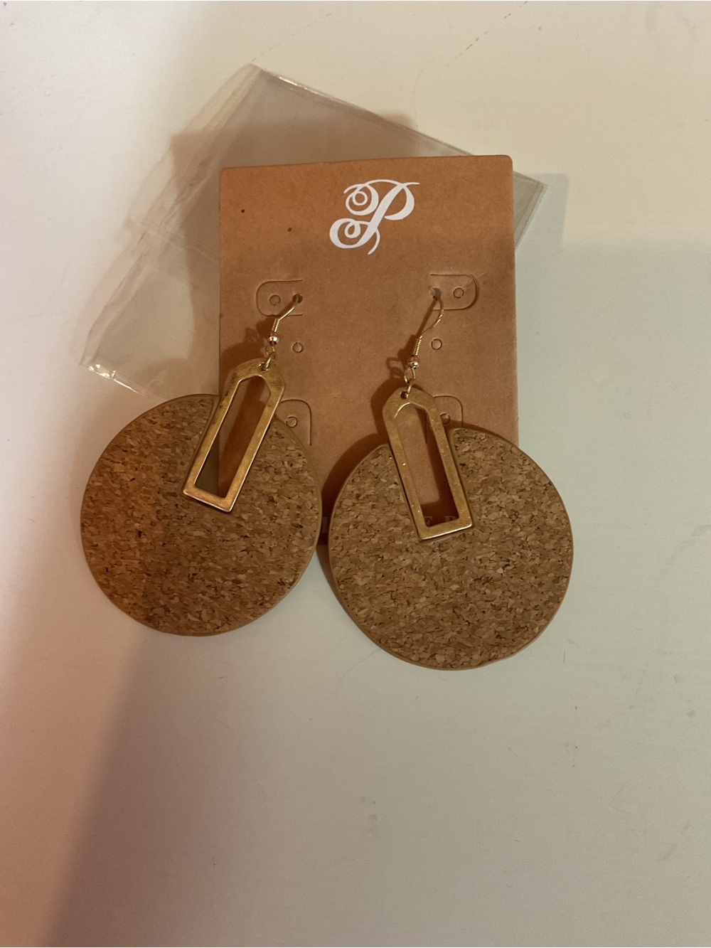 Plunder Cork Disc Drop Earrings with Gold Accents - Natural Brown